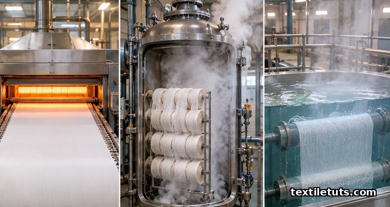 Three industrial heat-setting methods shown together: dry-heat stenter, steam setting vessel, and hydro setting tank.