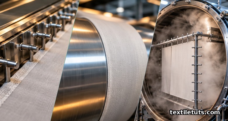 Three industrial heat-setting methods side by side: stenter pin frame, hot-air drum, and steam autoclave.