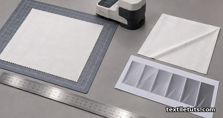Quality control station measuring heat-set polyester dimensional stability with ruler and whiteness meter.
