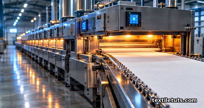 Industrial stenter oven transporting white polyester fabric through heated chambers for heat setting stabilization.