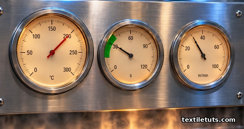 Three analog industrial gauges showing heat-setting temperature 200C, dwell time 30 seconds, and line speed.