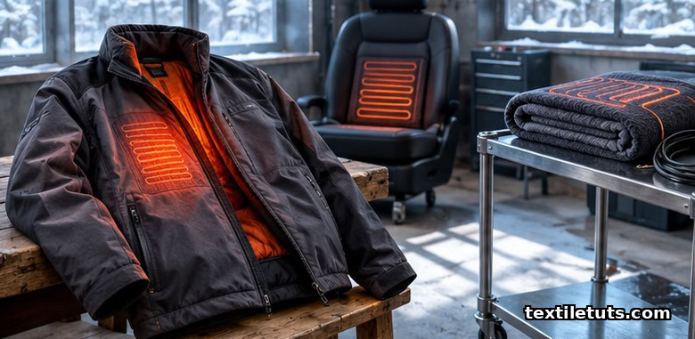 Heated jacket on a bench with an automotive heated seat cushion and a folded therapeutic warming blanket in a cold workshop.