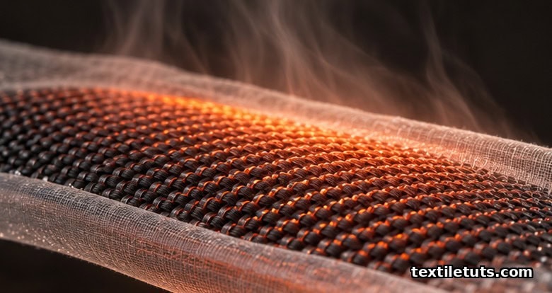 Macro close-up of a flat-knit carbon fiber heating panel between two fabric layers with a warm thermal glow across the weave.