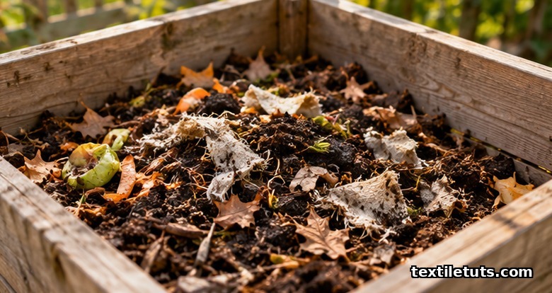 Shredded hemp fabric scraps mixed with kitchen scraps and dry leaves inside a wooden backyard compost bin.