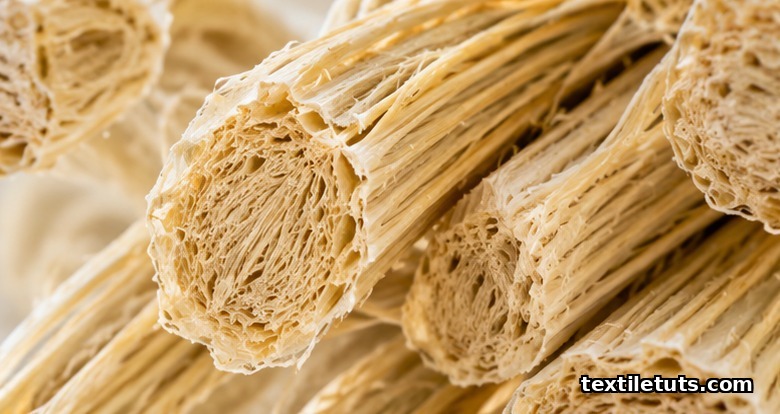 Extreme close-up of bast hemp fibers showing pale straw-yellow cellulose structure under magnification.