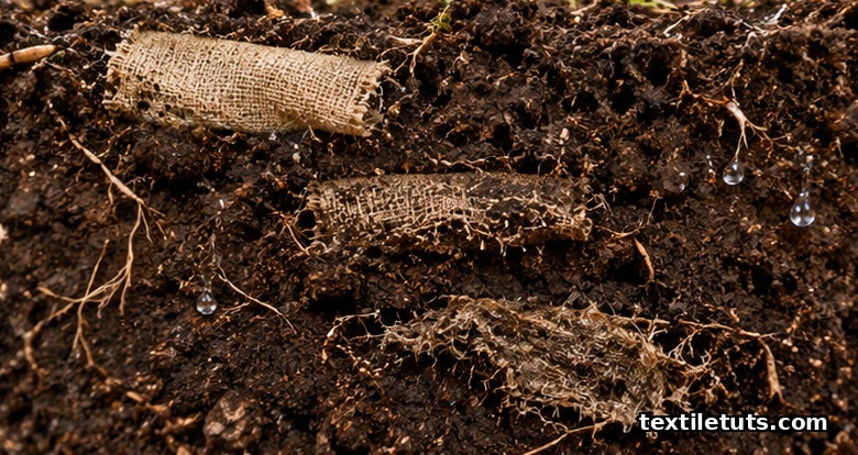 Hemp fabric pieces partially buried in dark garden soil at different depths during decomposition testing.