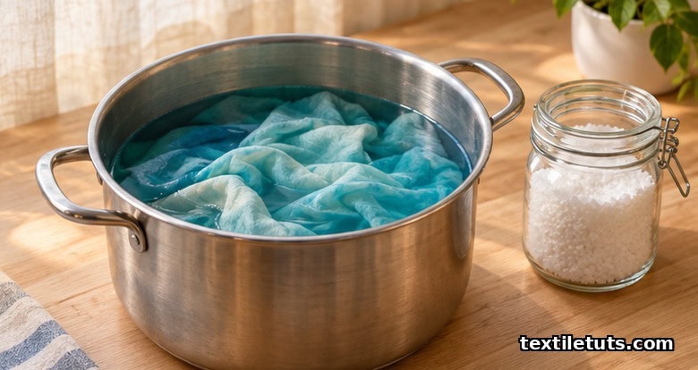 Home fabric dyeing setup with cotton fabric in a stainless steel pot dye bath and a glass jar of salt, suited to fiber reactive dyes.