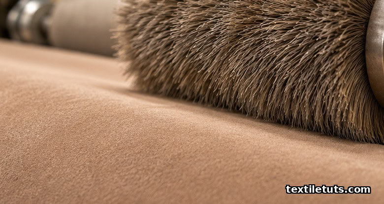 Closeup of soft horsehair brush roller finishing peach-skin microfiber fabric with sueded surface texture.