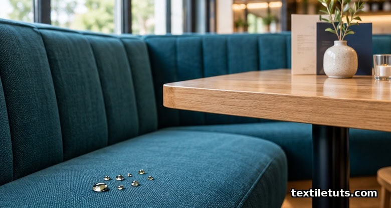 Restaurant banquette upholstery with beaded oil droplets on the fabric, showing an oil repellent finish protecting hospitality seating from stains.