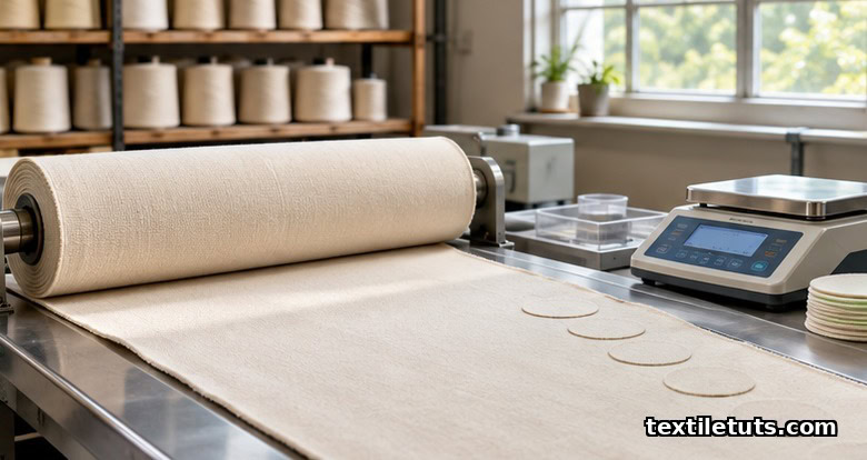 Textile mill QC lab with a cotton fabric roll on an inspection table next to cut specimen circles and a digital balance.