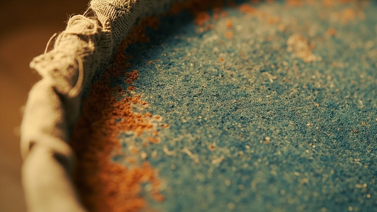 Close-up of deep blue indigo-dyed cotton yarn glistening with moisture as it is pulled upward from an amber-brown dye vat.