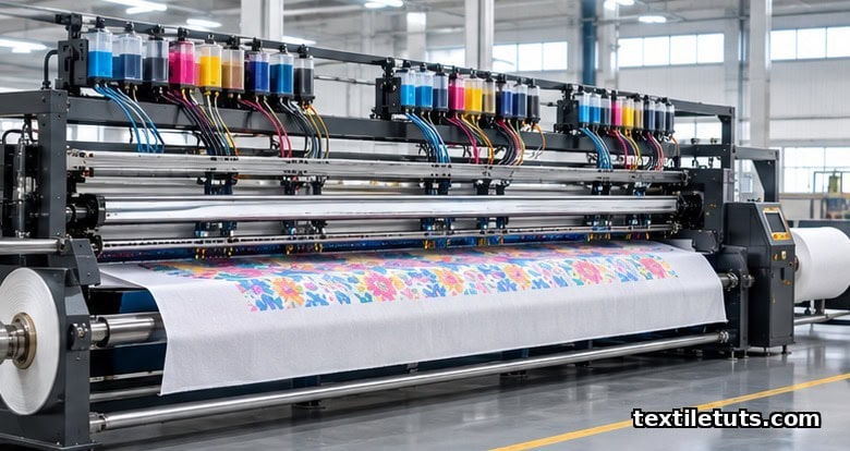 Wide view of a single-pass industrial inkjet press with multiple print bars spanning a moving fabric roll