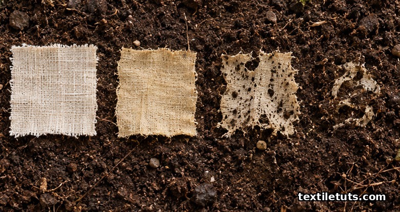 Progressive stages of linen fabric decomposition in soil, from fresh to fragmented swatches.