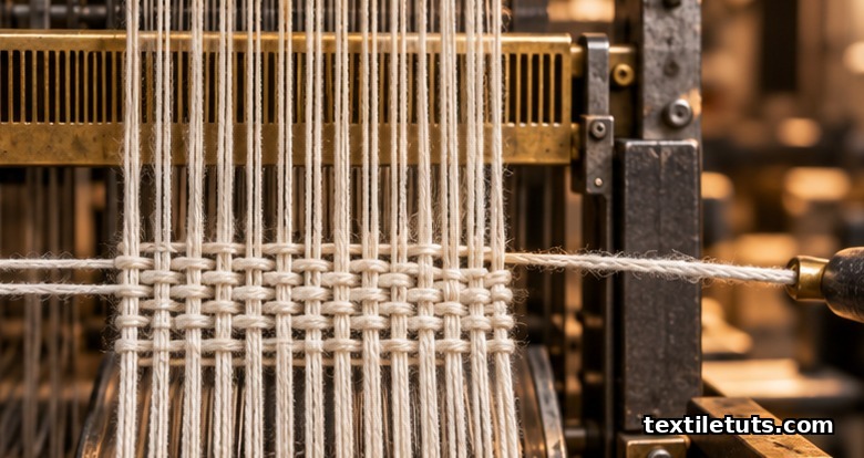 Industrial loom close-up showing taut warp threads and a weft yarn interlacing in a plain-weave pattern under warm workshop light.