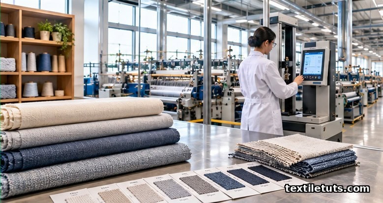 Modern U.S. textile engineering lab with fabric bolts on a steel inspection table, tensile testing instrument, and mill interior in the background.