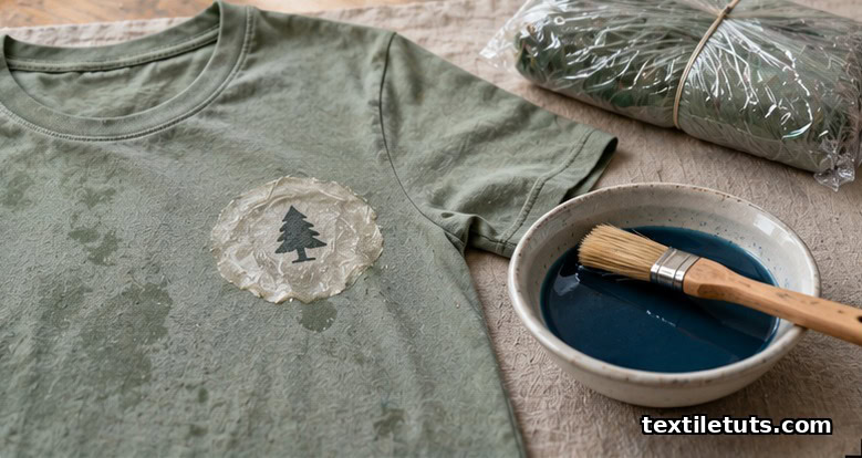 Damp t-shirt with wax resist protecting a logo, alongside a dye brush and plastic-wrapped shirt.