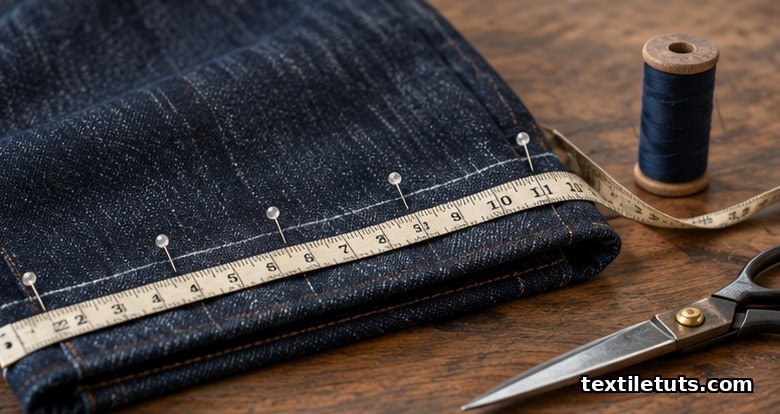 Folded indigo denim ready for hemming with measuring tape, chalk marks, glass pins, and fabric shears