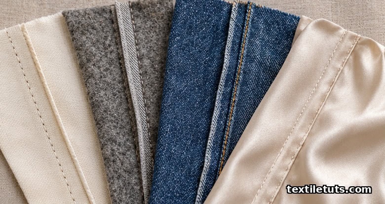 Cotton, wool flannel, indigo denim, and silk swatches each showing a finished seam allowance.