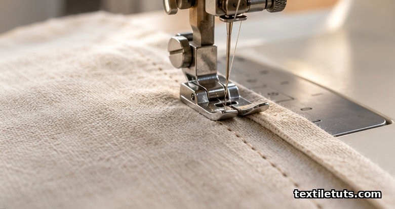 Sewing machine presser foot stitching a fresh straight seam through pale linen fabric.