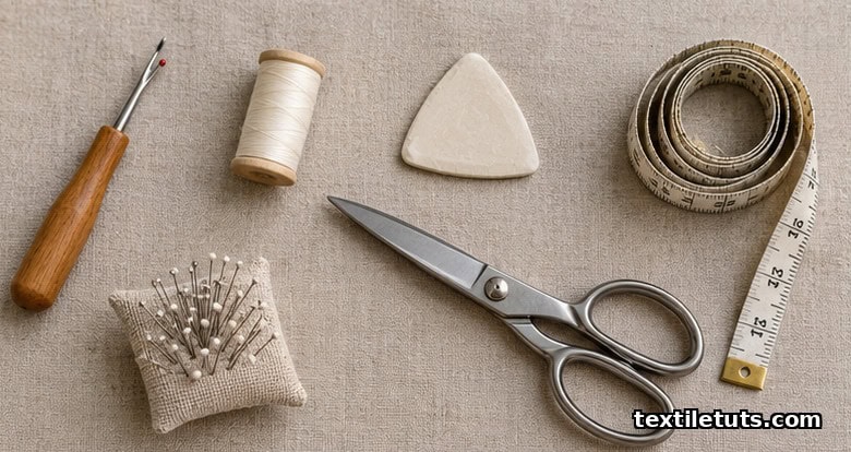 Flat lay of seam ripper, cream thread, tailor's chalk, scissors, measuring tape, and steel pins on linen.