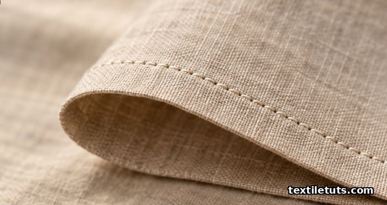 Close-up of a finished double-fold hem on natural beige linen fabric with a neat row of even stitches