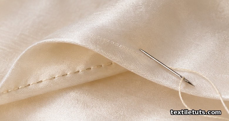 Pale ivory silk hem with tiny catch-stitches and a fine threaded needle resting along the folded edge