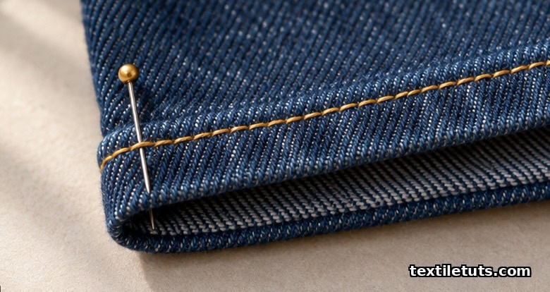 Indigo denim hem with double-fold construction and golden topstitching parallel to the inner fold