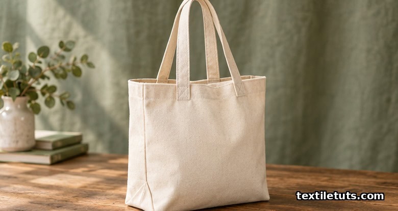 Finished cream canvas tote bag with long shoulder straps standing on a wooden surface in soft natural light.