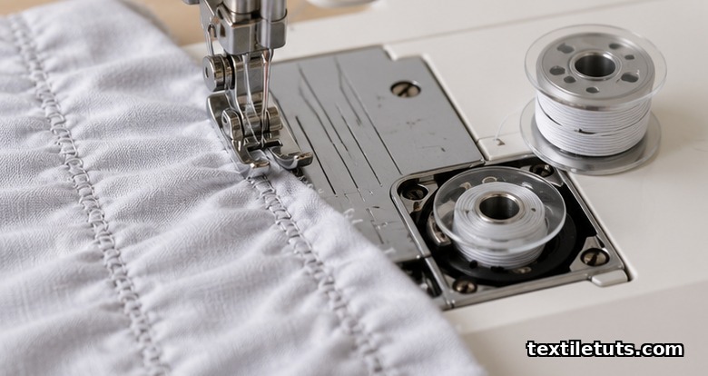 Top-down macro of a sewing machine stretch needle stitching shirring rows with a rubber-core elastic bobbin and stretched cotton shirting.
