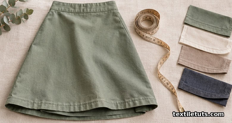 Flat lay of skirt hem samples showing straight, curved, rolled and deep hems with measuring tape.