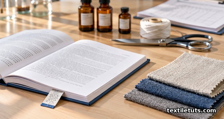 Open thesis manuscript beside folded fabric swatches and lab equipment on a wooden bench.