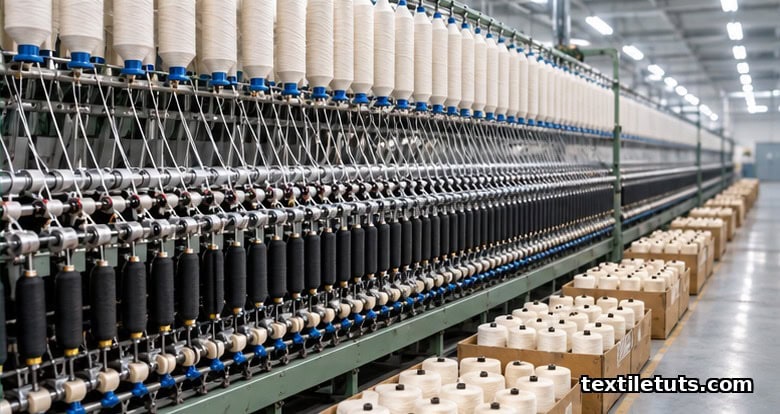 Rows of ring-spinning frames in a cotton yarn mill with cones of yarn stacked beside the machines.