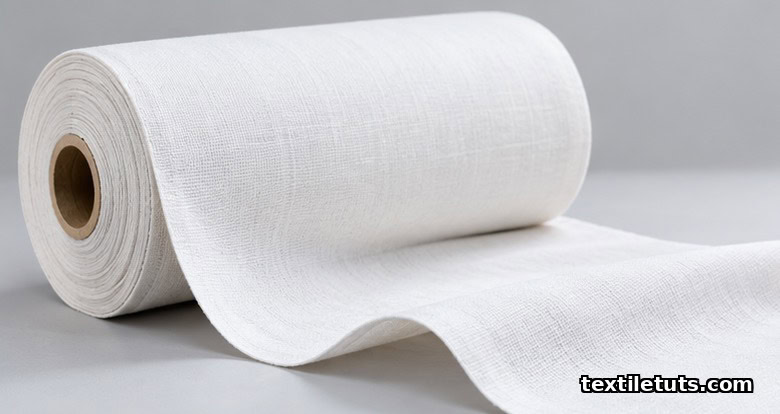 Rolled bolt of pristine bleached white cotton fabric showing even weave and clean whiteness on a light gray surface.