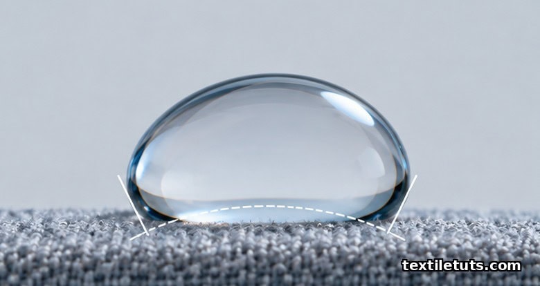 Side-profile view of a water droplet forming a high contact angle on hydrophobic textile, showing the lotus effect.
