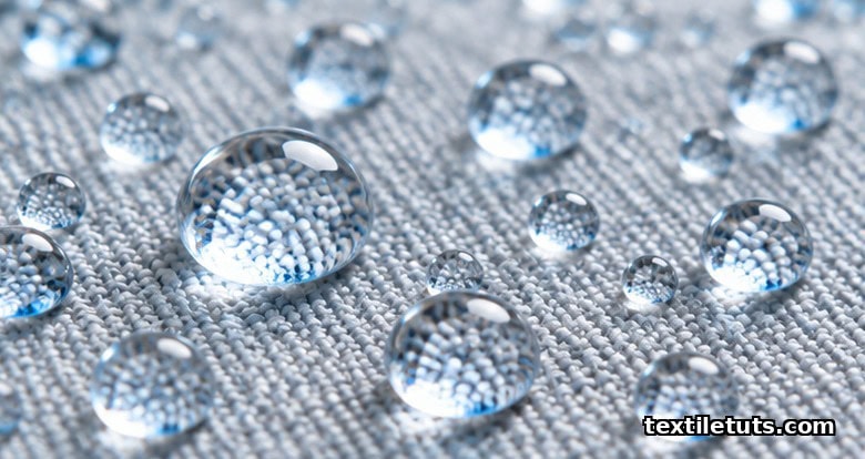Macro shot of spherical water droplets beading on a smooth hydrophobic woven fabric surface, illustrating water repellency.