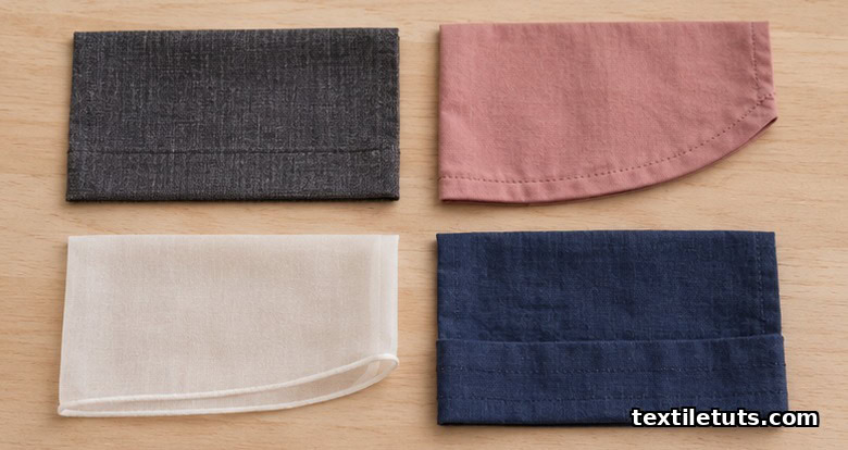 Four skirt hem samples laid flat showing straight, curved, rolled and deep hem constructions.