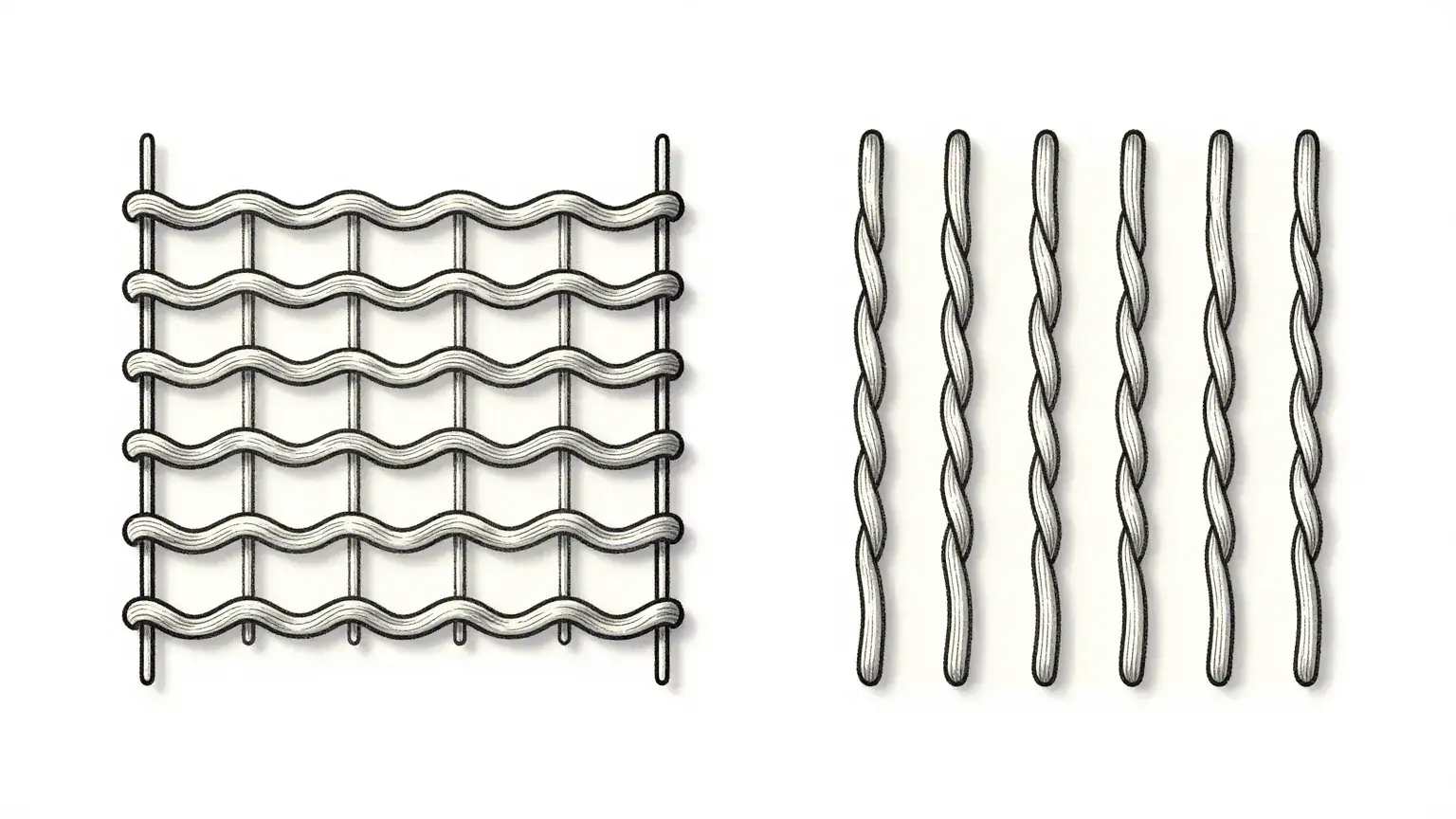 Side-by-side technical diagrams comparing weft knit and warp knit fabric structures, showing yarn paths and loop geometry.