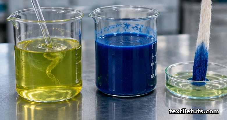 Lab beakers comparing yellow leuco-indigo solution with reoxidized blue indigo pigment.