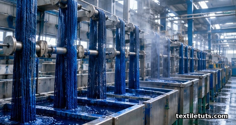 Industrial rope-dyeing range with cotton warp yarns passing through indigo dye boxes.