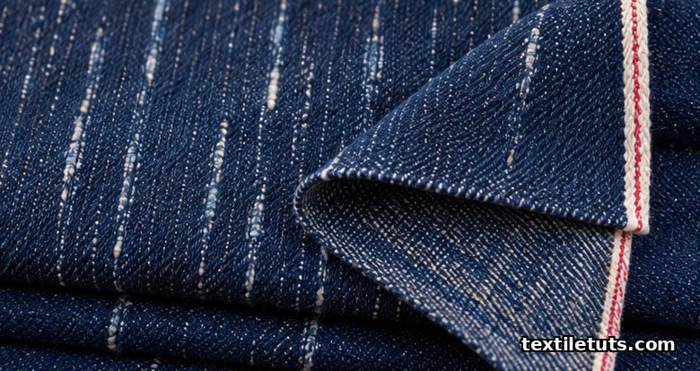 Folded indigo selvedge denim fabric showing characteristic vertical slub yarn streaks in the weave