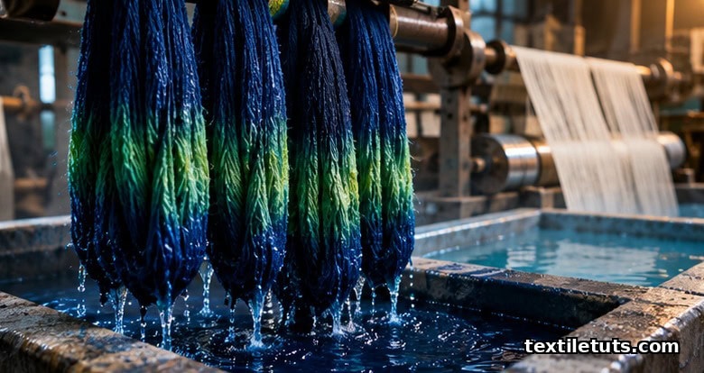 Cotton yarn being lifted from a stone indigo dye vat showing emerald-green oxidation before turning deep blue.