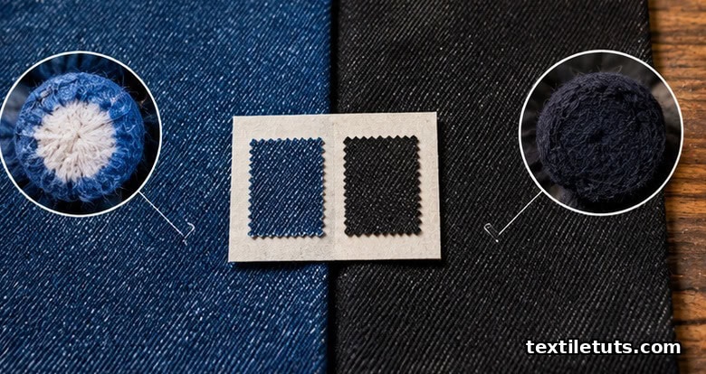 Split view comparing heritage indigo denim with sulfur black denim, with inset circles showing yarn dye penetration.