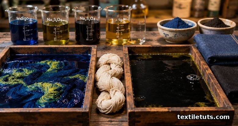 Overhead view of indigo blue and sulfur black dye trays side by side with denim fabric swatches on a wooden workbench.