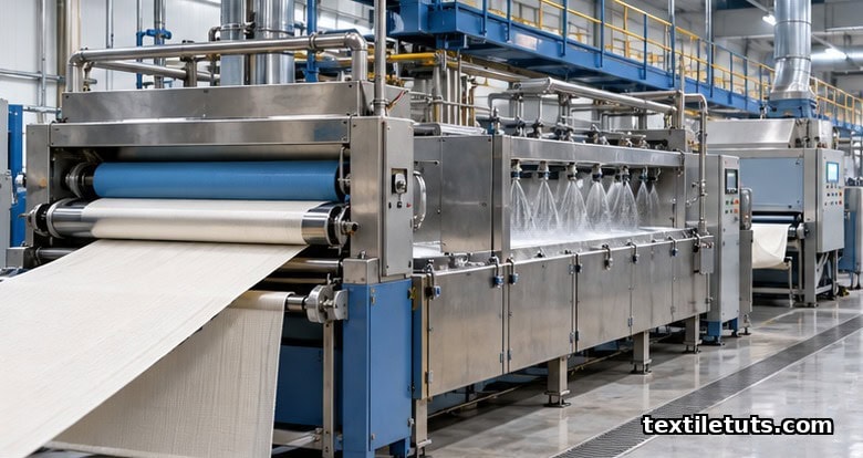 Industrial causticizing mercerization range with impregnation trough, reaction chamber, and wash zone for cotton fabric.