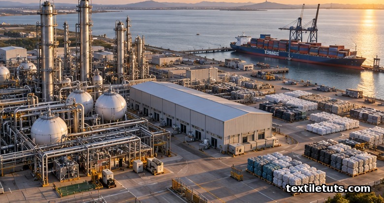 Aerial view of a large chemical recycling plant with fractionating columns, storage tanks, baled textile feedstock, and a docked container ship.