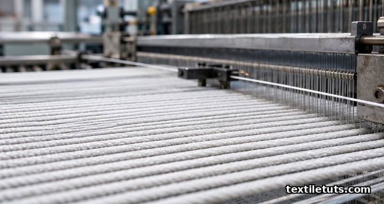 Wide industrial weaving loom with dense parallel warp cords of high-tenacity PET stretched across the frame during cord fabric production.
