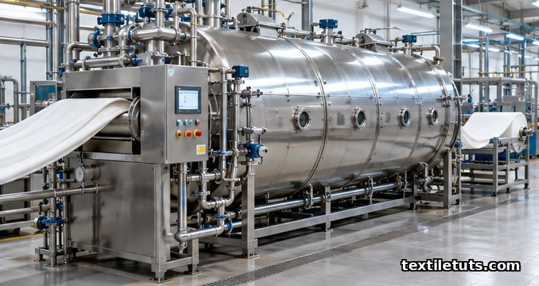 Stainless steel jet bleaching machine circulating a rope of white cotton fabric inside a working textile mill with control panels and pale tile floor.