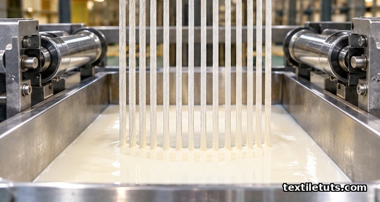 Parallel polyester cords entering a stainless steel dip tank filled with milky-white RFL adhesive in an industrial dipping line.