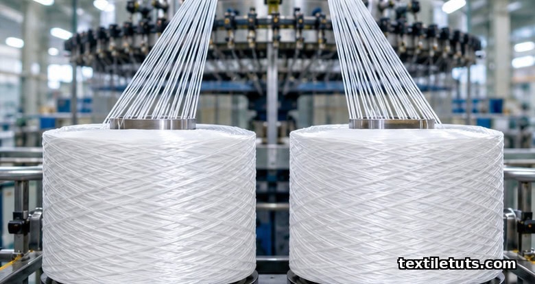 Two large white polyester filament yarn packages on a creel with fine filaments drawn upward toward a draw-twisting machine in a spinning mill.