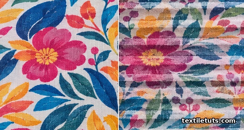 Side-by-side comparison of a clean inkjet-printed textile and a banded print with horizontal stripes